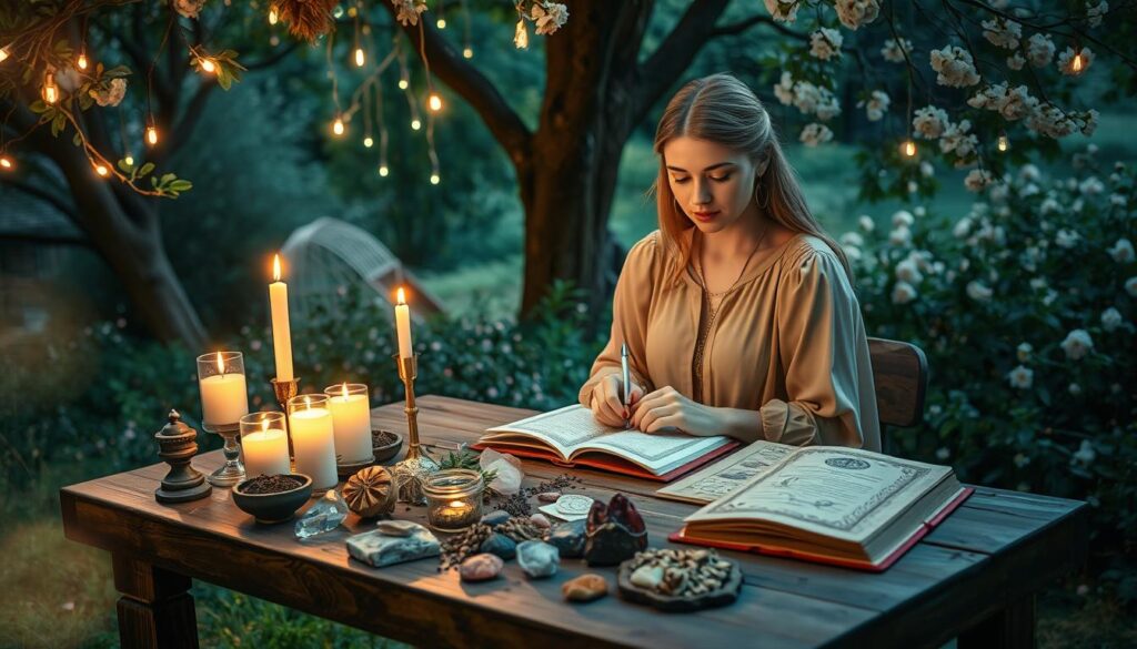 A serene setting in a mystical garden at dusk, softly illuminated by twinkling fairy lights hanging from tree branches. In the foreground, a beautiful Caucasian woman in a flowing, modest gown is seated at a wooden table, carefully arranging candles, crystals, and herbs for a love spell. Her expression is focused, as she delicately writes in a journal filled with notes on best practices for effective spells. In the middle, assorted spell ingredients are artfully displayed alongside an open book with ornate illustrations of celestial symbols. The background features lush greenery and blossoms, with a starry night sky peeking through tree leaves, creating a tranquil and enchanting atmosphere, inviting viewers into the world of spellcraft. The lighting is warm and magical, emphasizing the elegance and care involved in the practice.