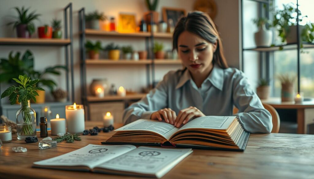 A serene, softly lit indoor space is filled with a sense of calm and intention, depicting a beautiful Caucasian woman dressed in modest, professional attire, softly focused in the foreground. She is seated at a wooden table, attentively preparing for a love spell, surrounded by ingredients like fresh herbs, candles, and crystals arranged artfully. In the middle ground, an open book with mystical symbols and handwritten notes lays open, bathed in warm, golden light. The background features gentle, blurred shelves filled with colorful jars and plants, enhancing a cozy atmosphere. The overall mood is peaceful and focused, emphasizing the importance of safety and mindset in preparation. The scene captures the essence of thoughtful love magic, evoking a sense of trust and empowerment. A serene, softly lit indoor space is filled with a sense of calm and intention, depicting a beautiful Caucasian woman dressed in modest, professional attire, softly focused in the foreground. She is seated at a wooden table, attentively preparing for a love spell, surrounded by ingredients like fresh herbs, candles, and crystals arranged artfully. In the middle ground, an open book with mystical symbols and handwritten notes lays open, bathed in warm, golden light. The background features gentle, blurred shelves filled with colorful jars and plants, enhancing a cozy atmosphere. The overall mood is peaceful and focused, emphasizing the importance of safety and mindset in preparation. The scene captures the essence of thoughtful love magic, evoking a sense of trust and empowerment.