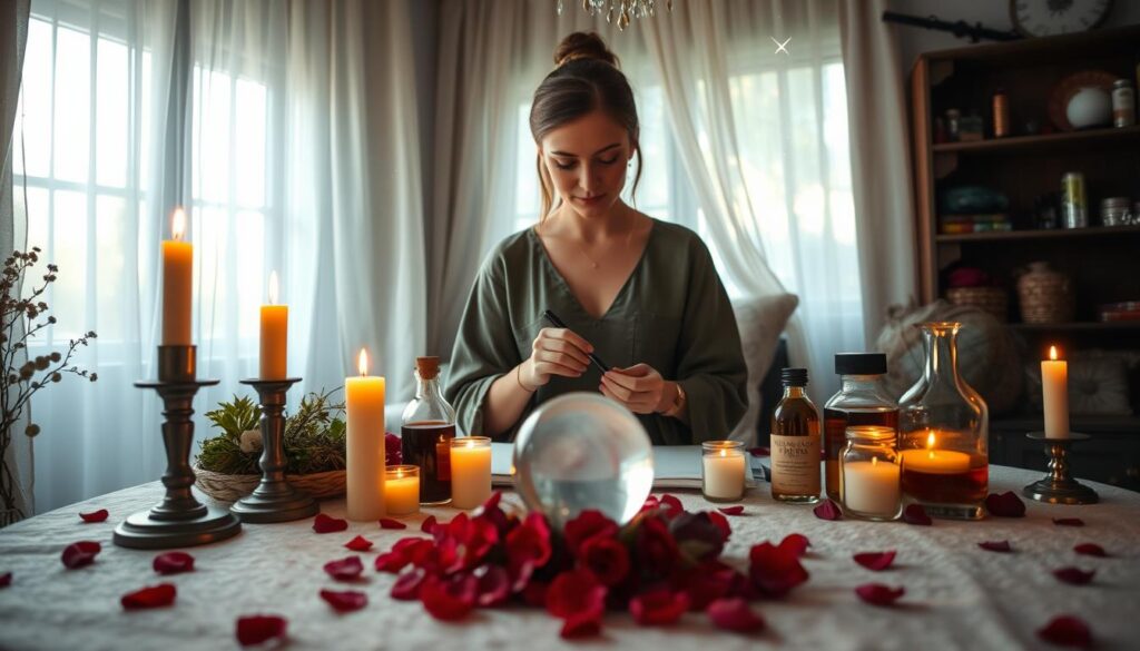 A serene, softly-lit room adorned with magical elements, showcasing beginner-friendly love spells. In the foreground, a beautifully arranged altar with candles, rose petals, and a small crystal ball, exuding a warm, inviting glow. In the middle, a Caucasian woman in modest casual clothing is thoughtfully crafting a spell, surrounded by herbs and colorful potion bottles. The background features a window with sheer curtains, allowing gentle, diffused light to illuminate the scene, creating an enchanting atmosphere. Subtle sparkles and wisps of ethereal mist float around, enhancing the magical vibe. The overall mood is calm, mystical, and welcoming, ideal for a beginner exploring love spells. A serene, softly-lit room adorned with magical elements, showcasing beginner-friendly love spells. In the foreground, a beautifully arranged altar with candles, rose petals, and a small crystal ball, exuding a warm, inviting glow. In the middle, a Caucasian woman in modest casual clothing is thoughtfully crafting a spell, surrounded by herbs and colorful potion bottles. The background features a window with sheer curtains, allowing gentle, diffused light to illuminate the scene, creating an enchanting atmosphere. Subtle sparkles and wisps of ethereal mist float around, enhancing the magical vibe. The overall mood is calm, mystical, and welcoming, ideal for a beginner exploring love spells.