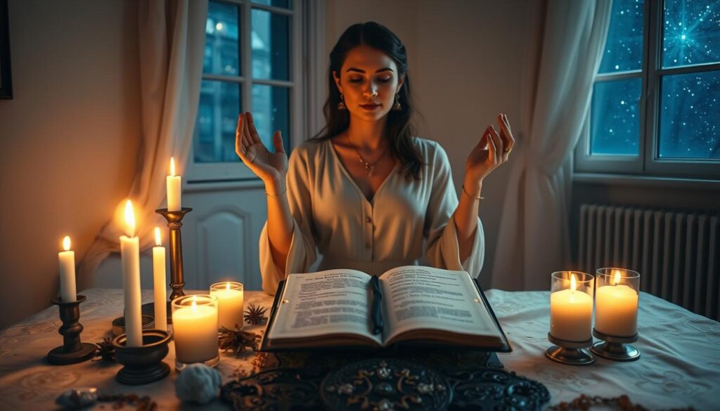 A serene, softly lit room set for a spellcasting ritual, focusing on "timing energy intention." In the foreground, a beautiful Caucasian figure dressed in elegant, modest attire demonstrates a meditative pose with hands gently raised, surrounded by candles flickering with warm light, symbolizing intention. In the middle, an ornate altar adorned with crystals, herbs, and a journal opened to a page with notes on timing and energy flows. In the background, a window reveals a starry night sky, enhancing the mystical atmosphere. The scene is infused with an ethereal glow, casting soft shadows and creating a sense of calm and focus. Use a cinematic angle to capture depth, emphasizing the connection between the figure and the elements of the ritual.