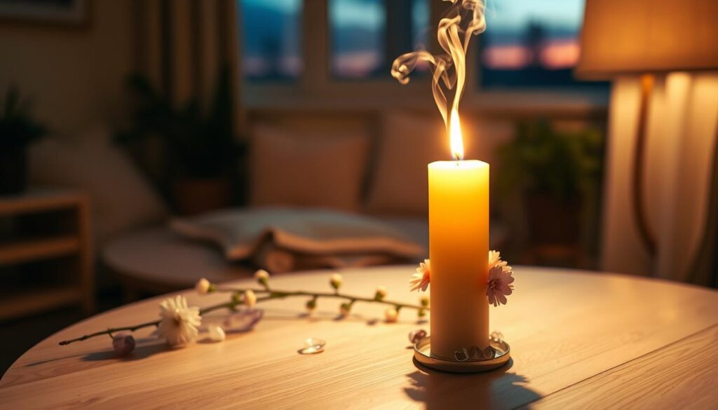 A serene, softly lit scene featuring a beautifully crafted candle on a delicate wooden table, casting a warm glow in a cozy, inviting room. In the foreground, the candle stands tall, surrounded by fresh flowers and crystals, symbolizing love and connection. The middle ground showcases a subtle, ethereal aura, with gentle wisps of smoke rising gracefully from the candle's flame, enriching the atmosphere with a sense of hope and longing. In the background, a softly blurred window reveals a twilight sky, hinting at the magical moment of reconnection. The overall mood is tranquil and enchanting, with soft lighting that creates a dreamlike quality, emphasizing the intention of drawing back lost love. Ensure the image reflects a safe, professional aesthetic.