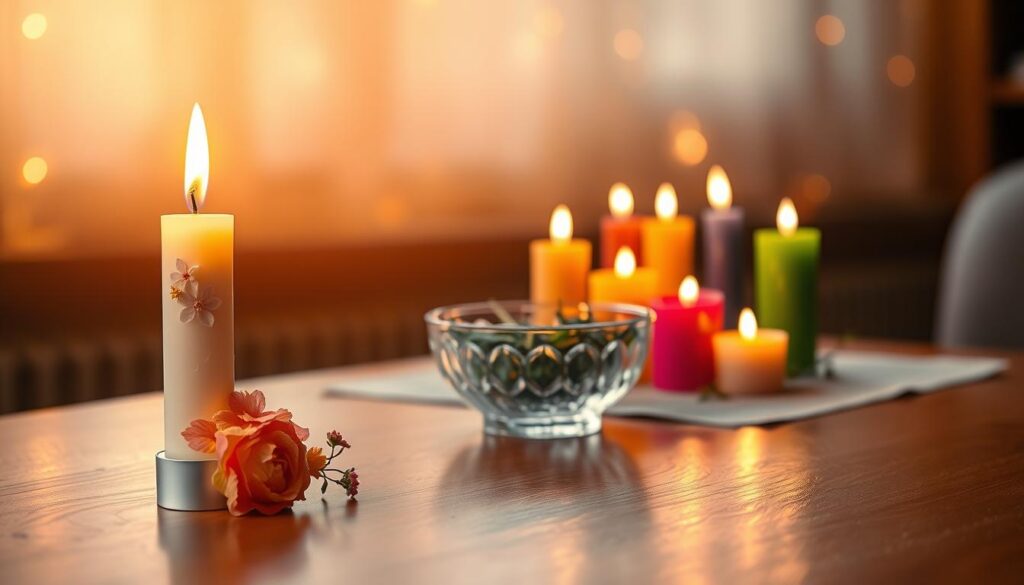 A serene, softly lit scene featuring a beautifully crafted light candle, the flame flickering gently, casting warm shadows. In the foreground, a polished wooden table displays the candle adorned with delicate floral embellishments, creating an inviting atmosphere. The middle-ground shows a selection of vibrant, colorful candles, arranged artfully around a small crystal bowl filled with fragrant herbs, symbolizing love and attraction. The background is softly blurred with ethereal sparkles of light, reminiscent of a magical ambiance. The overall mood is romantic and enchanting, emphasizing calmness and focus. The lighting is warm and inviting, reminiscent of a cozy evening, and the angle is slightly elevated to capture the arrangement harmoniously.