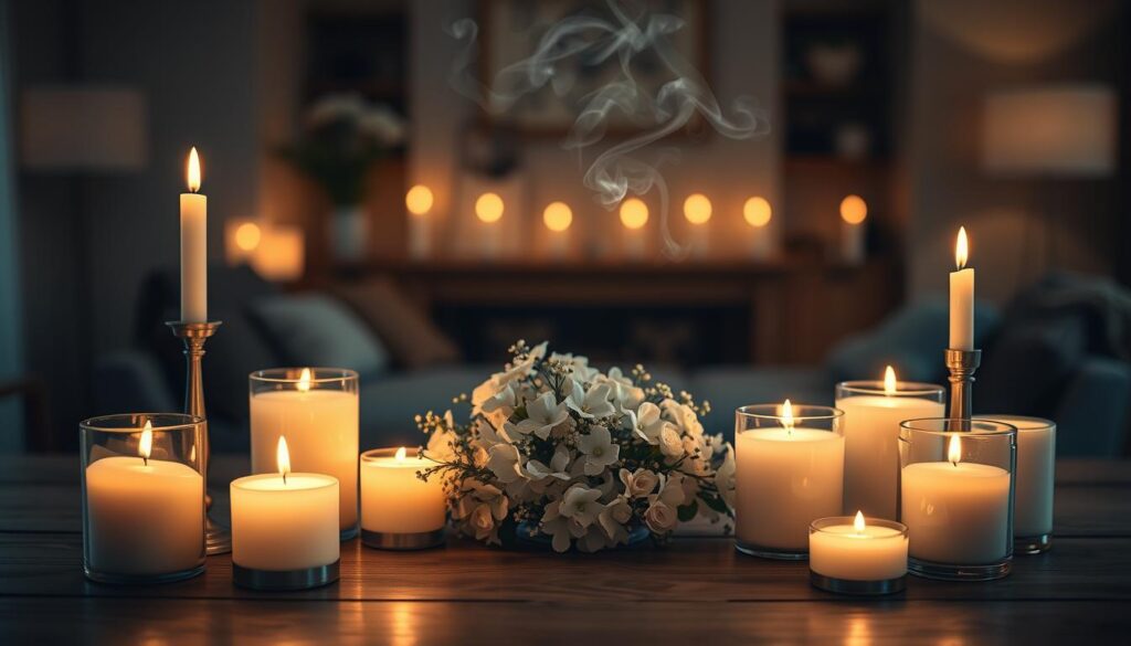 A serene, softly lit scene featuring a collection of elegant candles of various sizes and shapes, arranged on a wooden table. In the foreground, a few lit candles flicker gently, casting warm golden glows that dance across the surface. In the middle, there’s a delicate arrangement of flowers surrounding the candles, adding a romantic touch, while subtle smoke wisps curl upward, emphasizing safety concerns. The background is blurred to create depth, featuring a cozy, dimly lit room that suggests tranquility. The lighting is soft and inviting, reminiscent of a peaceful evening. The overall mood is one of calm and reflection, inviting viewers to consider the balance of ambiance and safety when using candles.