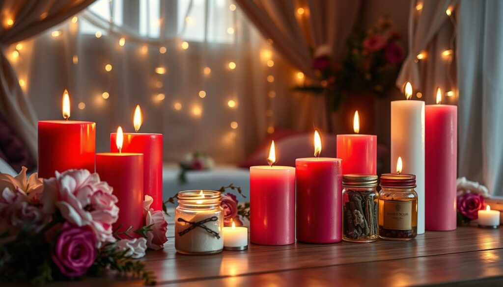 A serene, softly lit scene featuring an array of beautifully colored candles in shades of red, pink, and white, representing love and romance. The candles are adorned with delicate floral arrangements, such as roses and peonies, while their wicks emit a gentle, inviting glow. Beside the candles, small jars filled with fragrant herbs and oils like vanilla, jasmine, and sandalwood are arranged in an artistic manner. The background showcases a dimly lit room embellished with twinkling fairy lights and draped fabric, creating an intimate and enchanting atmosphere. The warm lighting casts soft shadows, enhancing the romantic feel of the setting. The image captures a sense of tranquility and allure, ideal for an exploration of love-enhancing candle magic.