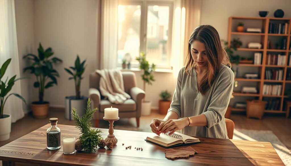 A serene, softly lit scene in a cozy living room, designed to evoke feelings of care and alignment. In the foreground, a beautiful Caucasian woman in modest casual clothing is placing fragrant herbs, candles, and a journal on a wooden table, symbolizing aftercare. The middle ground features an inviting armchair with a plush blanket draped over it, along with a window letting in warm, golden sunlight. In the background, calming plants and bookshelves create a sense of harmony and knowledge. The atmosphere is peaceful and reflective, with gentle shadows accentuating the warm colors of the setting, evoking a sense of intention and dedication to real-world actions that enhance the effectiveness of love spells.