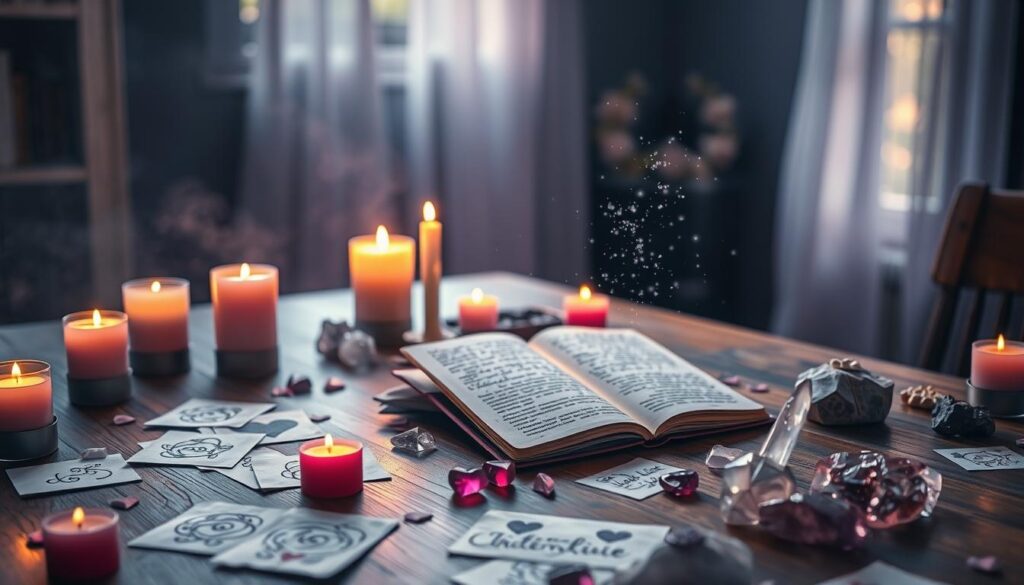 A serene, softly lit workspace that conveys the mystical essence of love spells. In the foreground, a wooden table is adorned with delicate pink and purple candles casting warm glows. Scattered across the table are pieces of intricately designed paper featuring symbols of love, such as hearts and intertwining vines. In the midground, a small, open spell book reveals handwritten notes about love spells, surrounded by crystals that sparkle gently. The background fades into calming ambient colors of dark blue and lavender, giving an ethereal atmosphere. Soft, natural light streams in through a nearby window, illuminating dust particles in the air, creating a sense of magic and wonder. The overall mood is enchanting and inviting, perfect for illustrating the mystical signs of love spells.