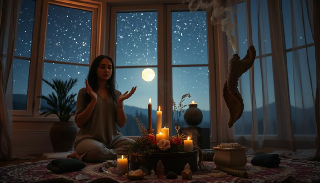 A serene space cleanse scene set in a softly lit room, with an enchanting atmosphere. In the foreground, a beautiful Caucasian woman dressed in modest casual attire is performing a cleansing ritual, surrounded by delicate crystals and sage. Her hands are gracefully raised as she gently wafts the smoke from the sage around her. In the middle, a small, circular altar is adorned with candles, flowers, and sacred symbols, casting a warm, flickering light. In the background, large windows reveal a tranquil night sky filled with twinkling stars and a glowing moon, enhancing the ethereal mood. The overall lighting is soft and inviting, creating a sense of peace and focus, perfect for centering before a ritual. The angle captures the intimate nature of the space, surrounding the viewer in a magical ambiance.