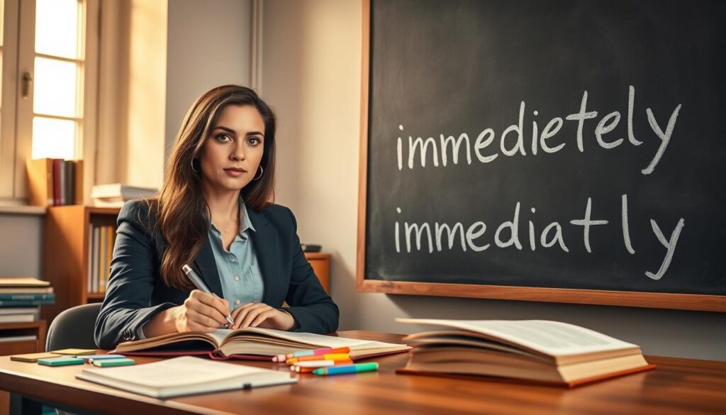 A serene study environment with beautiful Caucasian figures engaged in spelling the word "immediately." In the foreground, a young woman with an expressive face, dressed in professional business attire, is writing on a chalkboard, with clear focus and determination. In the middle, a wooden desk cluttered with colorful spelling flashcards and an open dictionary, adding a sense of activity and learning. The background features warm, welcoming light from a nearby window, illuminating a bookshelf filled with language books, which enhances the academic atmosphere. Capture this scene with a soft focus lens to create an inviting and contemplative mood, emphasizing the importance of mastering spelling with clarity and ease.