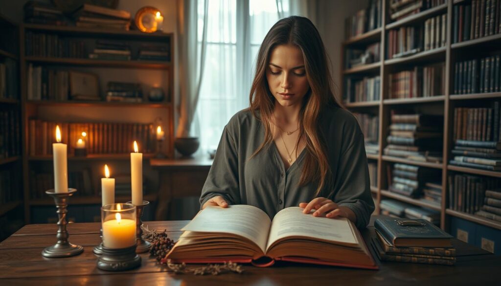 A serene study room filled with books on magic and love spells. In the foreground, a wooden table is adorned with an open spell book, candles, and dried herbs, casting a warm, flickering glow. A beautiful Caucasian woman in modest casual clothing sits thoughtfully, her long hair cascading over her shoulders as she examines the pages of the book. In the middle ground, shelves lined with ancient texts and mystical artifacts are illuminated by soft golden light. The background showcases a window with sheer curtains, allowing natural light to filter in, creating a cozy and inviting atmosphere. The overall mood is one of curiosity and enchantment, inviting the viewer to delve deeper into the world of love spells.