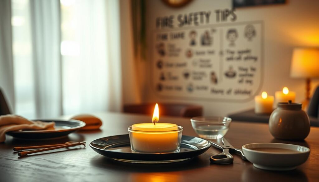 A serene tabletop scene dedicated to candle safety. In the foreground, a beautifully arranged setup with a lit, medium-sized candle surrounded by essential safety items: a heat-resistant plate, a pair of scissors for trimming wicks, and a small bowl of water. The middle of the scene features a cozy ambiance with soft, warm lighting that casts gentle shadows, emphasizing the flickering flame. In the background, there’s a softly blurred wall adorned with fire safety tips, illustrated in tasteful, muted colors. The mood is calm and educational, aiming to convey a sense of safety and mindfulness. Use a close-up angle to highlight the details, and ensure the colors are warm and inviting, creating a perfect balance of aesthetic and informative elements.
