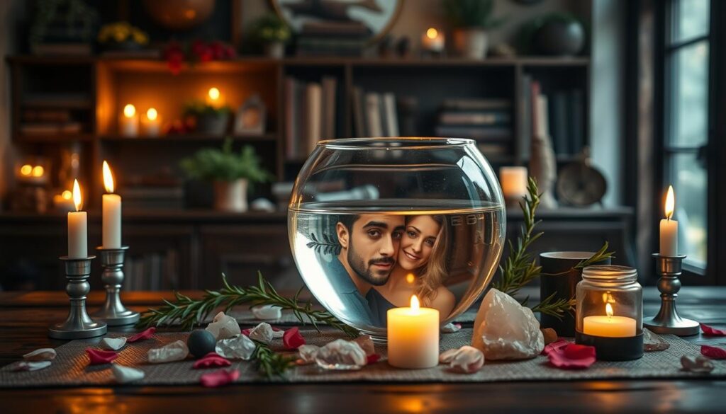 A serene tabletop scene featuring a collection of mystical elements representing "binding attraction photo spells." In the foreground, a beautifully arranged altar with delicate candles flickering in soft golden light, surrounded by crystals and flower petals, emanates an inviting glow. In the middle, a clear glass bowl of water reflects a floating photograph of a couple, symbolizing connection and love. Sprigs of rosemary and rose quartz are artfully placed around the bowl, enhancing the magical theme. The background is softly blurred, showcasing a cozy, dimly lit room adorned with rustic shelves filled with herbs and spell books, creating an air of enchantment. The overall mood is warm, mystical, and inviting, inviting the viewer to explore the nuances of love spells in a peaceful atmosphere.