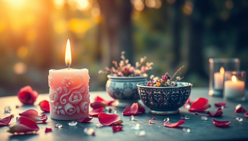 A serene tabletop scene featuring a delicate pink candle, elegantly molded with intricate floral designs, representing love and attraction. The foreground showcases the candle softly glowing, surrounded by scattered rose petals and tiny crystals that glimmer in the gentle light. In the middle, a small, ornate bowl filled with fragrant herbs and flowers adds texture and warmth, enhancing the love spell ambiance. The background fades into a softly blurred forest setting, bathed in warm, golden evening light filtering through the leaves, creating a tranquil, inviting atmosphere. The mood is romantic and mystical, emphasizing the spiritual essence of love spells. Capture this in a close-up shot with a shallow depth of field to enhance focus on the candle and its symbolic elements.