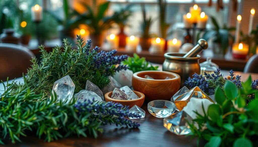 A serene tabletop scene featuring an array of vibrant herbs and shimmering crystals arranged artfully. In the foreground, fresh bundles of rosemary, sage, and lavender intermingle with clear quartz, amethyst, and citrine crystals, reflecting light with a soft glow. In the middle ground, a small wooden bowl holds blended herbal oils, while a delicate silver mortar and pestle sit nearby, hinting at preparation for rituals. The background showcases an enchanting, softly lit space filled with flickering candles and plants, creating a mystical ambiance. The overall mood is tranquil and inspiring, with warm, inviting lighting mimicking the golden hour, inviting viewers to feel the magic and connection to nature in their spiritual practices.