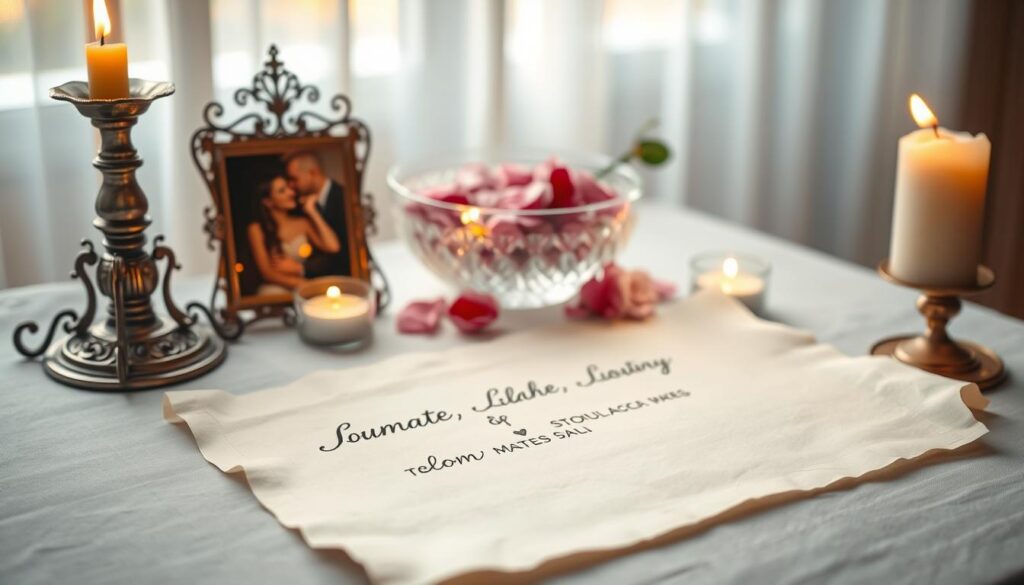 A serene tabletop scene featuring an elegantly arranged altar, embodying the theme of intention setting for a love spell. In the foreground, a delicate parchment scroll with neatly handwritten names, symbolizing soulmates, lies beside an ornate, lit candle casting a warm, golden glow. A small, framed photo of a couple, lovingly placed next to the scroll, enhances the intimate connection. In the middle ground, a softly blurred crystal bowl filled with rose petals adds a touch of romance. The background features softly diffused, natural light filtering through sheer curtains, creating a dreamy atmosphere. Shot with a shallow depth of field, focusing on the details of the altar while providing a sense of warmth and intention, this composition radiates love and positive energy.