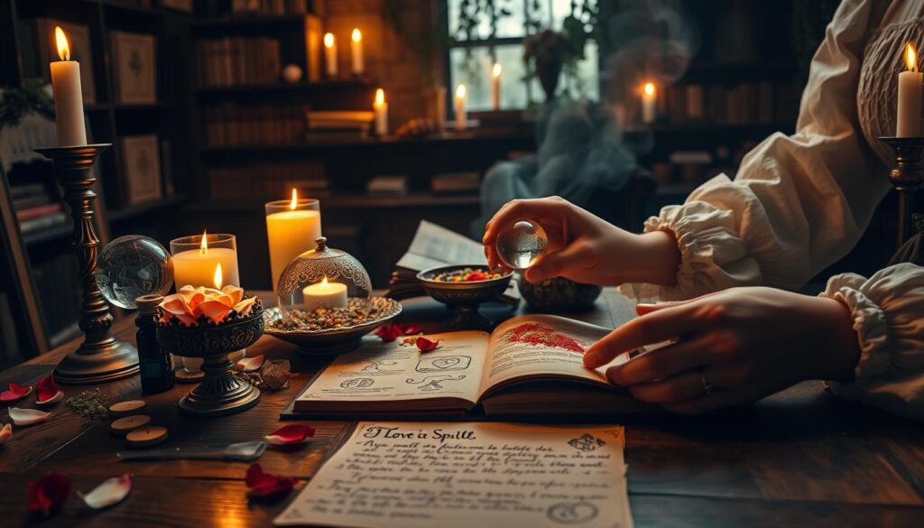 A serene tabletop scene showcasing an enchanting love spell in progress. In the foreground, a beautifully detailed wooden table is adorned with softly glowing candles, delicate rose petals, and a mystical crystal ball reflecting light. A pair of hands, elegantly dressed in modest attire, are gently mixing shimmering herbs and colorful powders in an ornate bowl. In the middle ground, an open spellbook reveals intricate illustrations of love symbols, with handwritten notes in elegant script. The background features a dimly lit, atmospheric room filled with vintage books, hanging herbs, and soft shadows cast by flickering candlelight, creating a warm and intimate mood. The lighting is soft and ethereal, emphasizing the enchanting and romantic essence of the love spell being created.