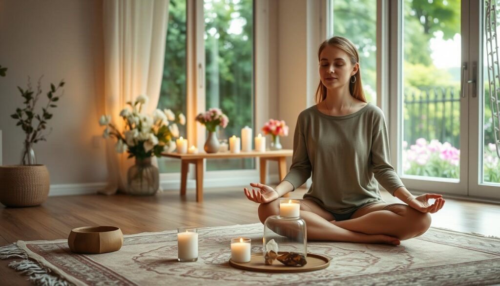 A serene, tranquil scene depicting a cozy, warmly lit meditation space. In the foreground, a beautiful Caucasian woman in modest, casual clothing sits cross-legged on a soft, decorative rug, her hands gently resting on her knees, eyes closed in focused meditation. Surround her with delicate candles casting a soft glow, and fresh flowers arranged in a vase, symbolizing love and harmony. The middle of the scene features a simple wooden table with crystals and stones, representing energy and clarity. In the background, a large window reveals a serene garden view, filled with blooming flowers and lush greenery, providing an atmosphere of peace and connection to nature. The atmosphere is inviting and calming, with soft, diffused lighting creating a dreamy effect, evoking a sense of love and preparation for new beginnings.