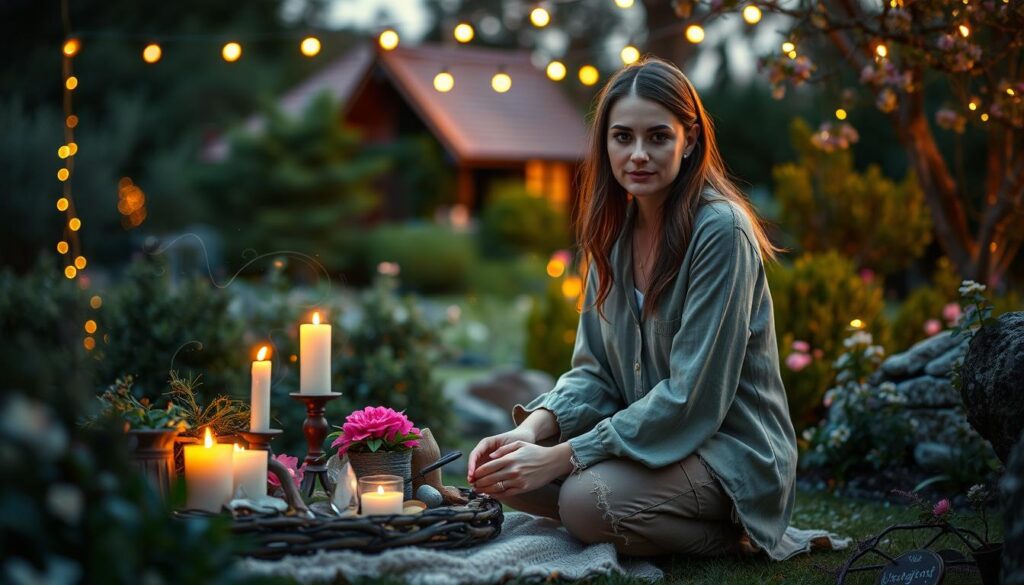 A serene twilight setting in a cozy, enchanted garden, illuminated by soft, warm fairy lights. In the foreground, a beautiful Caucasian woman in modest casual clothing kneels beside a small altar adorned with candles, crystals, and flowers, her expression focused yet hopeful, as she prepares ingredients for a rekindling love spell. In the middle ground, subtle wisps of shimmering energy swirl around, symbolizing the magic of love. The background features lush greenery and delicate blooms, with a faint silhouette of a quaint cottage. The atmosphere is tranquil and dreamy, emphasizing a sense of connection and warmth. The lighting is soft, evoking an intimate and hopeful mood, with a shallow depth of field creating a gentle focus on the spellcasting elements.