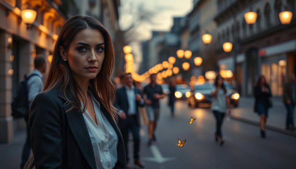 A serene urban street at dusk, softly illuminated by glowing street lamps, creates a magical atmosphere. In the foreground, a beautiful Caucasian woman in professional attire stands with an intrigued expression, looking at a subtle symbol on the ground, perhaps a heart formed by leaves. Beside her, a small, delicate butterfly flutters, symbolizing transformation. In the middle, passersby visibly react to various mysterious signs in their environment, like a fleeting smile exchanged, or a random coincidence captured. The background features gently blurred city buildings, bathed in warm twilight colors, enhancing the sense of synchronicity in everyday life. The overall mood is enchanting and reflective, with soft lighting and a shallow depth of field accentuating the elements of connection and magic in the mundane.