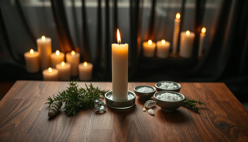A serene, well-lit scene depicting a ritual candle setup on a beautifully textured wooden table. In the foreground, a large, elegantly detailed candle stands in the center, surrounded by fresh herbs like rosemary and sage that symbolize purification. Nearby, a small bowl of salt and crystals adds to the mystical ambiance. In the middle ground, soft shadows dance around the warm glow of the candlelight, enhancing the atmosphere of tranquility and focus. The background features a blurred view of draped dark fabric that subtly reveals the outlines of candles in various shapes and colors, enhancing the magical feel. The lighting is soft and flickering, creating an inviting, mystical mood perfect for spellcasting and rituals. Capture this scene from a slight overhead angle to emphasize the arrangement and details, ensuring no text or overlays are present.