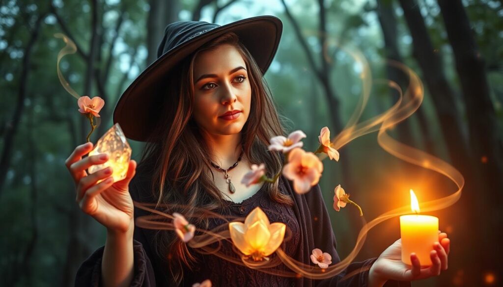 A serene witch in a softly lit forest, surrounded by ethereal wisps of magical energy, symbolizing intention magic. The foreground features her focused expression as she holds a glowing crystal in one hand and a flickering candle in the other, both radiating a warm, enchanting light. In the middle, gentle swirls of energy flow around her, intertwining with blooming flowers that represent love and connection. The background showcases lush trees and a starlit sky, evoking a sense of calm and introspection. The image should convey a mystical atmosphere, using dramatic lighting to highlight the subject, with a shallow depth of field emphasizing the foreground action. The overall mood is one of contemplation, empowerment, and ethical intent in love magic.
