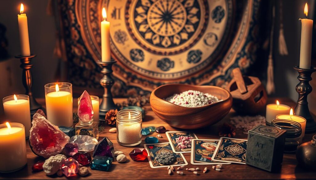 A serene witch's altar illuminated by soft, warm candlelight, showcasing an array of colorful spell tools meticulously arranged. In the foreground, a collection of vibrant crystals—including amethyst, rose quartz, and lapis lazuli—gleam softly, while delicate herbs are placed in small glass jars. The middle ground features a beautifully crafted wooden bowl filled with colorful salt, surrounded by intricate tarot cards spread out. In the background, an ethereal tapestry adorned with astrological symbols hangs, casting gentle shadows. The atmosphere conveys a sense of mystique and tranquility, inviting viewers to explore the magical potential of love spells. The image should be softly focused with a warm color palette, captured at a slightly elevated angle to enhance depth.