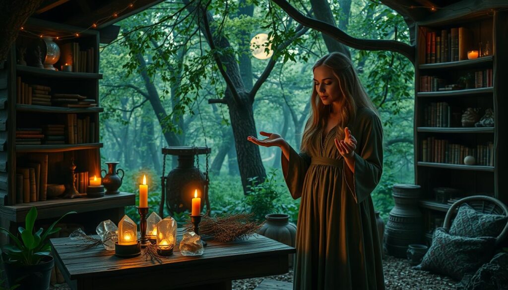 A serene witch's cottage in an enchanted forest, showcasing an atmosphere of mystery and spirituality. In the foreground, a beautifully dressed Caucasian woman in modest, flowing robes stands near a rustic wooden table covered in glowing crystals, herbs, and a lit candle, her hands weaving ethereal energy into the air to form mesmerizing binding symbols. The middle ground features shelves filled with ancient books and mystical artifacts, illuminated by the warm glow of the candlelight, creating a cozy yet magical ambiance. In the background, lush green trees and soft, diffused moonlight peek through, enhancing the tranquil yet enchanting mood. The image should be captured with a soft focus, highlighting the intricacies of the binding symbols, evoking a sense of awe and wonder.