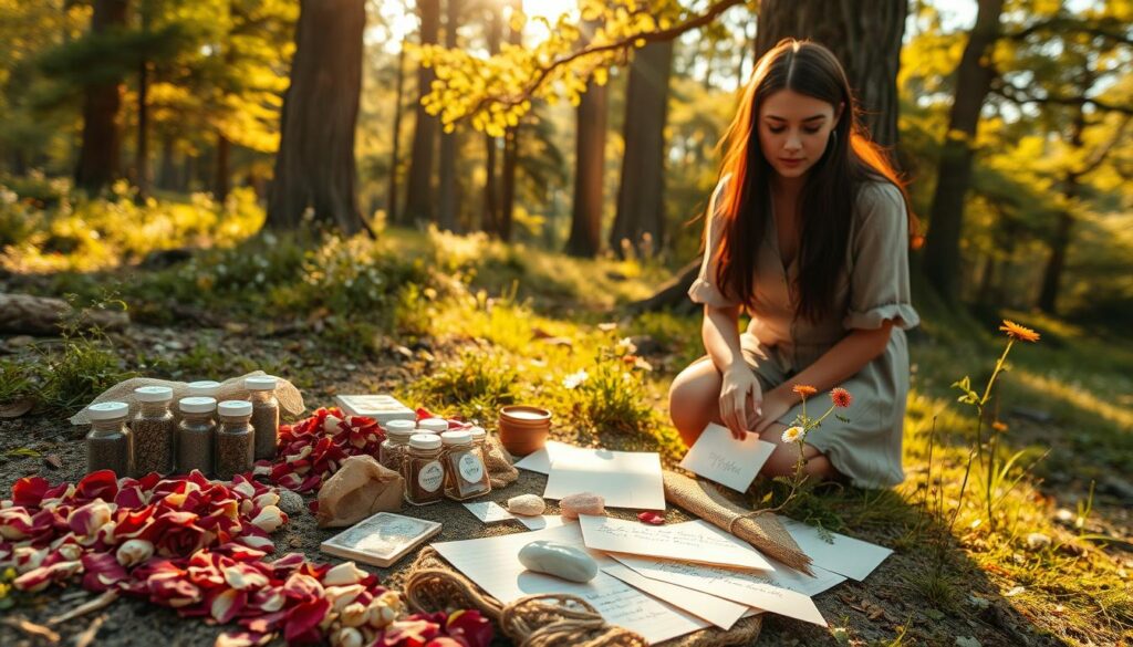 A serene woodland clearing bathed in warm, golden sunlight sets the scene for gathering materials for a love spell. In the foreground, a beautifully organized assortment of items is displayed: dried rose petals, small glass vials, fragrant herbs, a smooth crystal, and handwritten notes. A young Caucasian woman in modest casual attire kneels beside the gathering, carefully selecting materials with a focused expression. In the middle ground, soft greenery and nearby wildflowers add a touch of color, creating an inviting atmosphere. The background features towering trees with dappled light filtering through their leaves, enhancing the feeling of magic and tranquility. The overall mood is enchanting and peaceful, perfect for initiating a love spell.