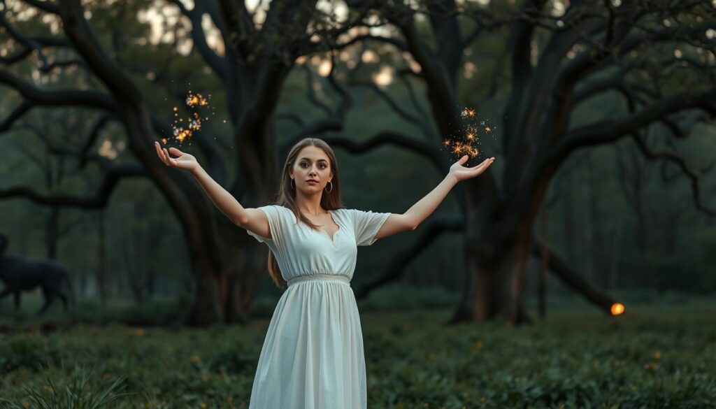 A serene woodland glade at twilight, illuminated by soft, warm light filtering through the trees. In the foreground, a beautiful Caucasian woman in a flowing, modest white dress stands confidently, her arms raised as she confidently casts a spell. Her expressive face radiates focus and determination. In her hands, sparkling motes of golden and silvery light swirl around, creating a magical aura. The middle ground features ancient trees draped with delicate vines, enhancing the mystical atmosphere. In the background, faint silhouettes of ethereal creatures can be glimpsed among the foliage. The entire scene is infused with a dreamy, enchanting mood, capturing the essence of love and magic in the air, with a slight bokeh effect for a soft, magical focus.