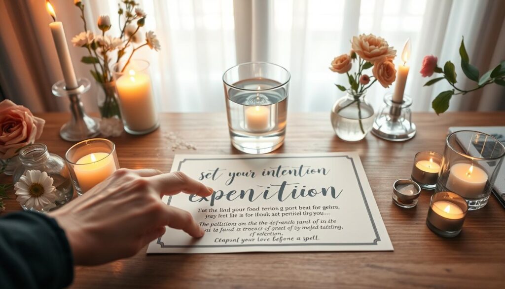A serene workspace adorned with a beautifully designed "set your intention petition" on a wooden desk. The petition features elegant calligraphy, surrounded by softly glowing candles and fresh flowers, creating an inviting atmosphere. In the foreground, a delicate hand lightly touches the petition, symbolizing intention and focus. The middle section showcases a crystal-clear glass filled with water and a small quartz stone, representing clarity and love. In the background, a softly lit window reveals a gentle, natural light filtering through sheer curtains, enhancing the peaceful ambiance. The overall mood is calm and reflective, evoking a sense of purpose and clarity before casting a spell. The image captures the essence of setting intentions in a visually harmonious and aesthetically pleasing manner.