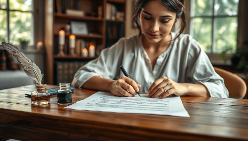A serene workspace featuring a beautifully crafted wooden table in the foreground, where a Caucasian woman in modest casual attire is focused on writing a love spell petition on smooth, parchment-like paper. Her expression is thoughtful and engaged, with soft natural lighting illuminating her face and the paper. To the left, a delicate quill pen rests beside a small vial of shimmering ink, hinting at the magical process. In the middle ground, a softly blurred bookshelf filled with spell books and candles flickers gently. The background shows hints of greenery through a window, creating a peaceful, inviting atmosphere. The overall mood is one of contemplation, creativity, and intention, emphasizing clarity and specificity in her writing.