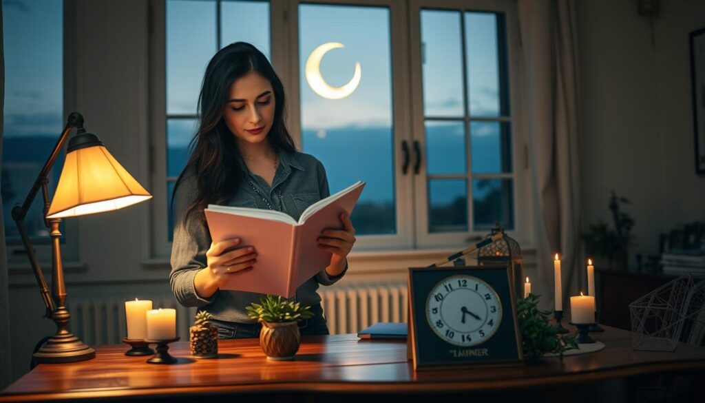 A serene workspace set during twilight, illuminated by soft, warm light from a vintage desk lamp. In the foreground, a beautiful Caucasian woman in casual yet professional attire is actively engaged with a planner and a pendulum, symbolizing the timing of her spell work. The middle ground features an elegant wooden desk adorned with candles, herbs, and a small calendar highlighting moon phases. In the background, a large window reveals a crescent moon shining softly in a darkening sky, casting gentle shadows across the room. The atmosphere is calm and focused, inviting a sense of tranquility and intention. The scene captures the essence of timing in spell work, balancing nature with purpose.