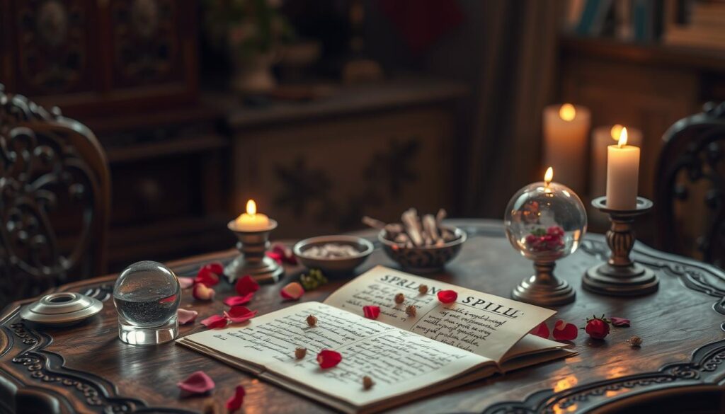 A serene workspace set for a love spell casting, featuring an ornate wooden table in the foreground. On the table, essential tools such as a lit candle, a crystal ball, scattered rose petals, and a small bowl of herbs convey a sense of preparation. The middle ground displays a beautifully handwritten spell book, its pages open to mystical incantations, surrounded by delicate dried flowers. In the background, soft, ambient lighting creates a warm, inviting glow, with gentle shadows adding depth to the scene. The atmosphere is magical and contemplative, evoking a sense of calm focus and anticipation. A subtle bokeh effect enhances the enchanting mood, giving the impression of a hidden, sacred space where love can blossom.
