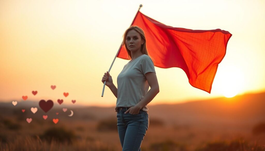 A serene yet slightly ominous scene depicting a beautiful Caucasian woman standing confidently in the foreground, dressed in modest casual attire. She holds a large red flag symbolizing protection against negative energies while gazing determinedly into the distance. In the middle ground, faint silhouettes of traditional love spell symbols, like hearts and crescent moons, are subtly woven into the landscape. The background features a soft, blurred sunset that casts warm, golden light, creating a dreamy yet alert atmosphere. The composition uses a shallow depth of field to draw focus on the woman and the red flag, with soft bokeh effects. The overall mood conveys a blend of caution and empowerment, ideal for highlighting the importance of recognizing red flags in love.