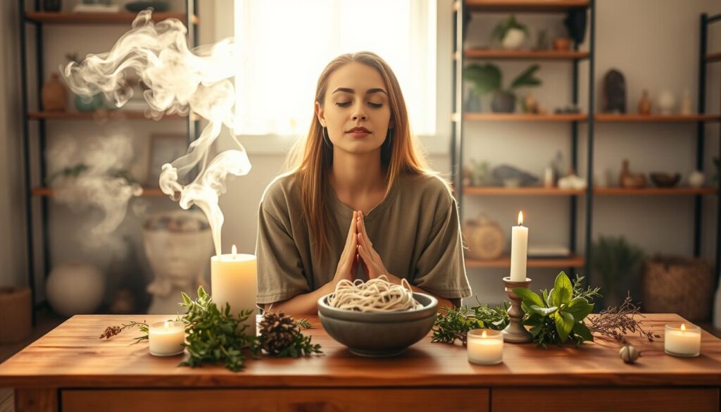 A serene yet vibrant altar scene bathed in soft, warm light, capturing the essence of intention-setting. In the foreground, a wooden table adorned with natural elements: fresh herbs, candles, and a small bowl of hair, symbolizing connection and love. A beautiful Caucasian woman dressed in modest casual clothing kneels beside the table, her eyes closed in concentration as she holds her hands over the bowl, radiating calm and focus. In the middle ground, ethereal wisps of smoke rise gently, adding a mystical quality, while in the background, softly blurred, there are shelves filled with crystals and more herbal arrangements, creating an inviting, grounded atmosphere. The overall mood is introspective and peaceful, emphasizing clarity and intention. A serene yet vibrant altar scene bathed in soft, warm light, capturing the essence of intention-setting. In the foreground, a wooden table adorned with natural elements: fresh herbs, candles, and a small bowl of hair, symbolizing connection and love. A beautiful Caucasian woman dressed in modest casual clothing kneels beside the table, her eyes closed in concentration as she holds her hands over the bowl, radiating calm and focus. In the middle ground, ethereal wisps of smoke rise gently, adding a mystical quality, while in the background, softly blurred, there are shelves filled with crystals and more herbal arrangements, creating an inviting, grounded atmosphere. The overall mood is introspective and peaceful, emphasizing clarity and intention.