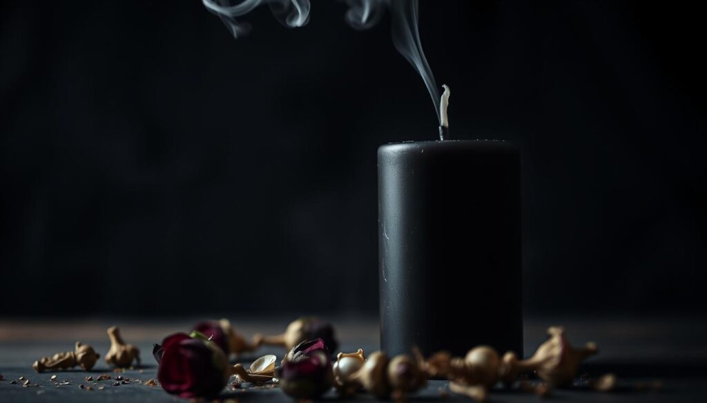 A single black candle, elegantly set against a dark, moody background, represents the mystical theme of breaking a love spell. The candle’s wax is smooth and glossy, with a faint glimmer reflecting ambient light. In the foreground, delicate wisps of smoke rise and curl gracefully from the candle's wick, adding an ethereal quality to the scene. Surrounding the candle, subtle elements like dried roses or herbs hint at the ritualistic nature of love spells. The lighting is soft and atmospheric, casting gentle shadows that enhance the mysterious aura. Capture this composition from a slightly elevated angle, focusing on the candle while creating a sense of depth with the surrounding objects, evoking an atmosphere of introspection and magical practice.