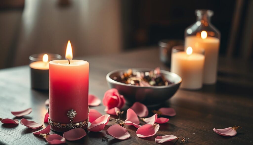 A single, elegant pink candle stands prominently in the foreground, its soft wax surface glistening with a warm glow. The candle, slightly tapered, is adorned with delicate silver embellishments, reflecting a serene ambiance. Surrounding it are fresh pink rose petals scattered artfully, enhancing the romantic theme. In the middle ground, a shallow bowl filled with herbs and crystals adds depth and mystique, hinting at the love spell being prepared. The background features a soft-focus dark wooden table, creating a cozy, intimate atmosphere, complemented by gentle candlelight. The scene is illuminated by warm, diffused lighting, casting soft shadows that evoke a sense of calm and enchantment. The mood is tranquil and inviting, perfect for a magical love spell ritual.