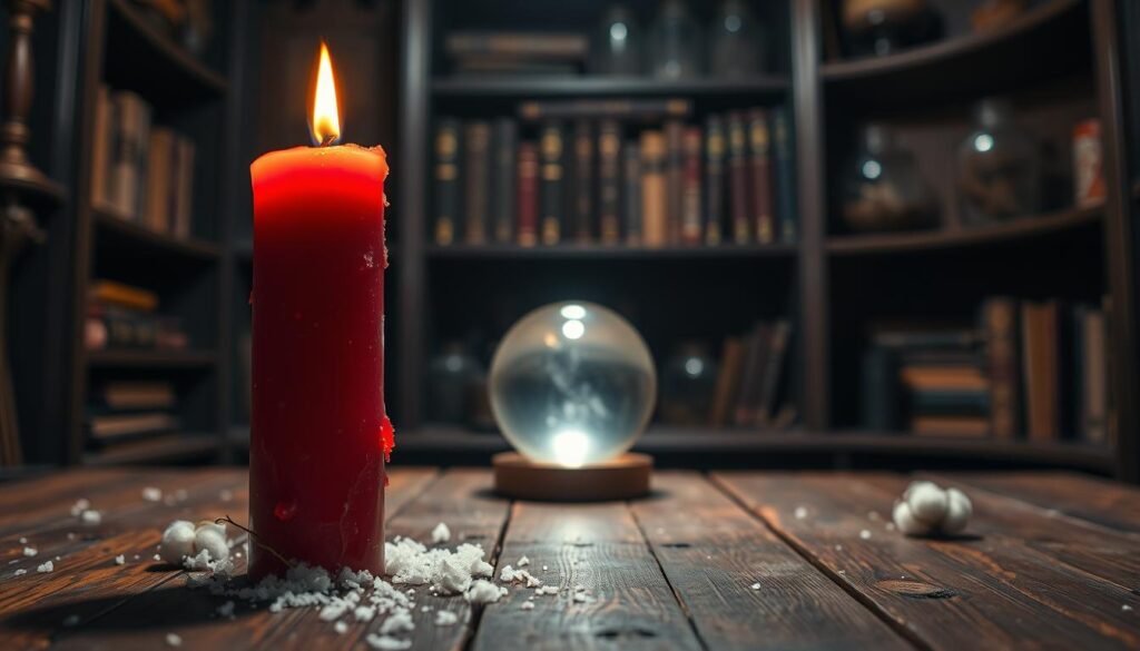 A single, tall red candle sits at the forefront, its wax melting slightly, casting a warm, flickering glow. The candle stands on a rustic wooden table adorned with scattered sugar crystals and small bits of cotton, emphasizing the spell theme. In the middle ground, a softly blurred crystal ball reflects the candlelight, adding a mystical element. The background shows a dimly lit room with dark wood shelves filled with spell books and jars, enhancing the atmosphere of a magical workspace. Soft, ambient lighting creates a serene and focused mood, with shadows playing subtly across the table surface. The angle is slightly overhead, capturing the intimate details of the candle and its surroundings. The image should evoke a sense of enchantment and curiosity, ideal for a spell-casting guide.