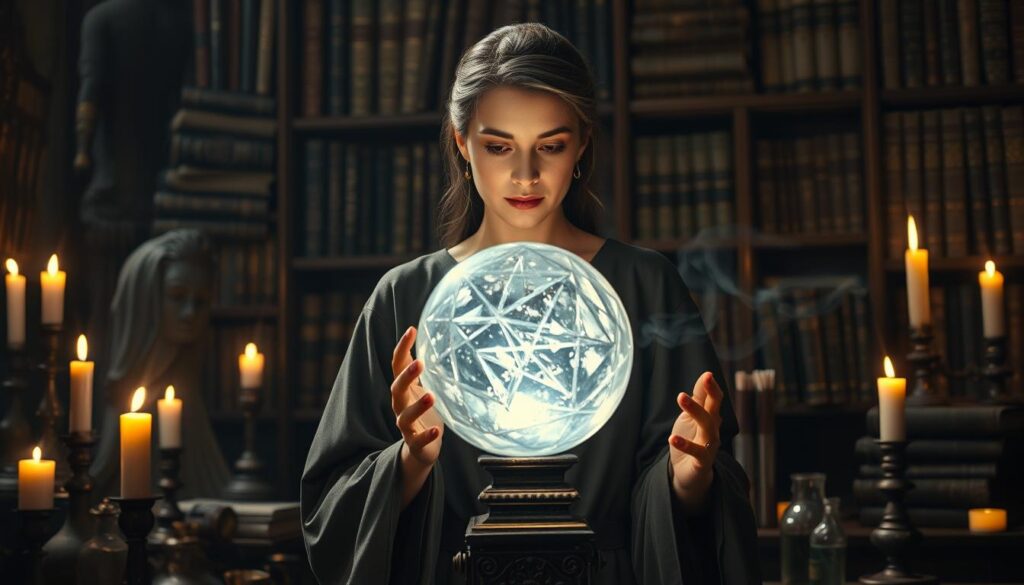 A skilled advanced caster stands confidently in a dimly lit, mystical setting, surrounded by an array of ancient spellbooks and shimmering candles. In the foreground, the caster, a beautiful Caucasian woman in elegant, modest robes, focuses intently on an intricate crystal orb glowing with ethereal light. The soft illumination casts dynamic shadows, enhancing the mystical atmosphere. In the middle ground, various alchemical tools and potion vials are carefully arranged, signifying complex rituals. The background features towering bookshelves filled with arcane knowledge, with faint wisps of magic swirling in the air. The overall mood is one of profound concentration and enchantment, inviting the viewer to delve into the world of advanced spellcraft and professional rituals.