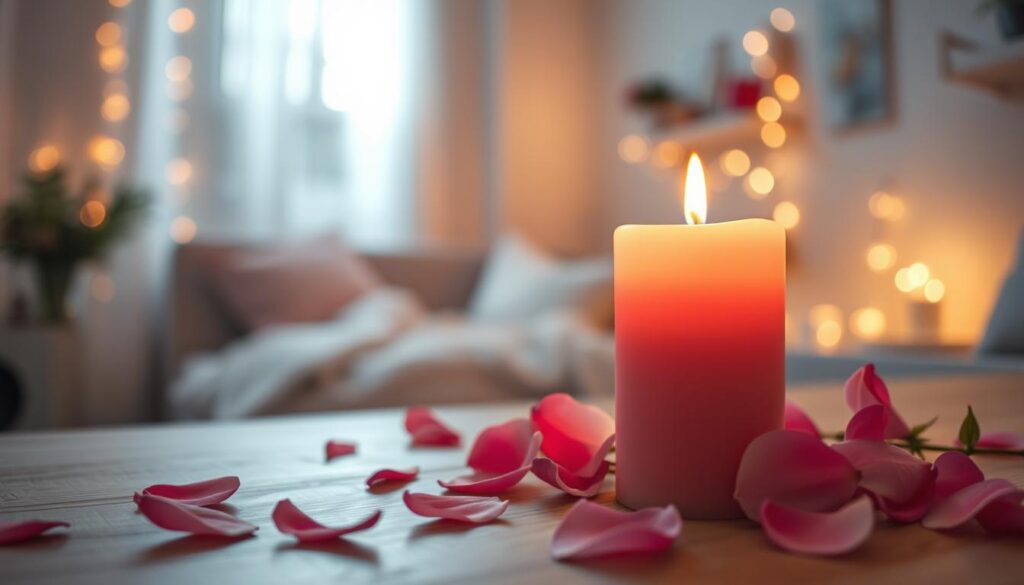 A soft, pink candle glowing warmly in a tranquil setting, surrounded by delicate rose petals scattered on a wooden table. In the foreground, the candle flickers gently, casting a soft light that illuminates its smooth, waxy surface. In the middle ground, a softly blurred background reveals an inviting room with light pastel walls, embellished with subtle romantic decor, creating an intimate atmosphere. The lighting is dim but warm, enhancing the enchanting aura of the candle. A cozy ambiance is created by the faint glow from nearby fairy lights, adding to the sense of magic. The scene evokes feelings of love, attraction, and serenity, perfect for a love spell ritual. The image captures the essence of romance, inviting viewers to connect with its heartfelt emotion.