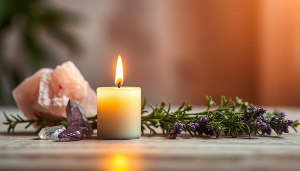 A softly glowing candle sits at the forefront of the image, its flame flickering gently, casting warm, golden light. Surrounding the candle are various healing crystals, such as rose quartz and amethyst, arranged harmoniously. In the middle ground, fresh herbs like lavender and rosemary create a fragrant border, symbolizing love and forgiveness. The background features blurred, muted colors reminiscent of a serene evening ambiance, with hints of soft shadows to evoke tranquility. The lighting is warm and inviting, creating an atmosphere of peace and hope. A shallow depth of field focuses on the candle, drawing the viewer's eye to its calming presence while the rest of the scene harmonizes to support the central theme of reconciliation and warmth.
