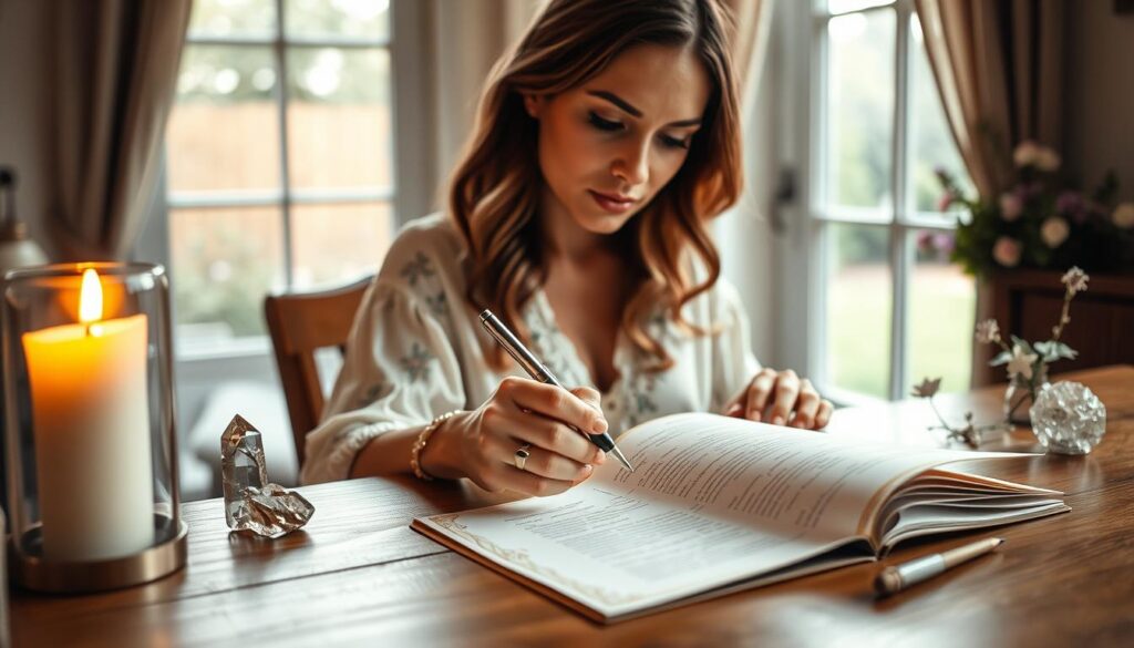 A softly lit, cozy workspace where a beautiful Caucasian woman sits at a wooden desk, writing a letter of intention on elegant stationery. In the foreground, the woman's pen glides elegantly across the page, her expression focused and serene. The middle layer features a warm candle casting gentle light, surrounded by delicate crystals and fresh flowers, symbolizing positive energy. In the background, a window lets in diffused sunlight, illuminating a peaceful garden scene. The atmosphere is tranquil and introspective, evoking a sense of purpose and mindfulness. Capture the enchanting ambiance with soft focus effects, evoking a sense of magic and intent as she prepares for her love spell.