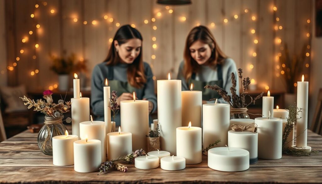 A softly lit scene capturing an array of ethically made candles arranged elegantly on a rustic wooden table. In the foreground, feature meticulously crafted candles of various shapes and sizes—some in calming pastel colors, others adorned with natural elements like dried flowers and herbs. The middle-ground includes a pair of beautiful Caucasian figures dressed in modest casual clothing, engaging in the candle-making process, their expressions warm and focused. In the background, a cozy ambiance is set with delicate fairy lights twinkling softly. The lighting is warm and inviting, highlighting the textures of the candles and the craftsmanship involved. The composition conveys a romantic, peaceful atmosphere, perfect for a thoughtful evening, evoking feelings of love and care suitable for a romantic night.