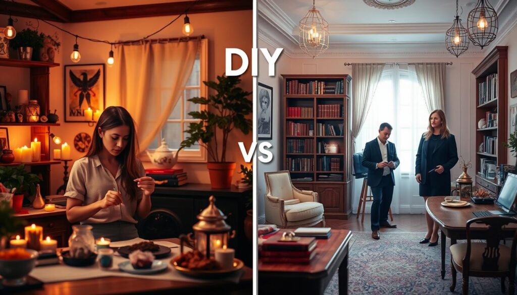 A split image depicting the theme "DIY vs professional guidance." In the foreground, on the left, a beautifully organized home workspace, featuring a woman carefully crafting a love spell, surrounded by candles, herbs, and crystals, showcasing her creativity and determination, wearing modest casual clothing. The lighting is warm and inviting, creating an intimate atmosphere. On the right, a professional spellcaster in an elegantly designed office, displaying an air of confidence and expertise, with shelves of books and mystical artifacts, depicted in a tailored business attire. The background features a serene room with soft, ambient lighting, enhancing the contrast between self-guided and professional approaches. The overall mood conveys a balance of empowerment and mystery, ideal for exploring the subject's choices.