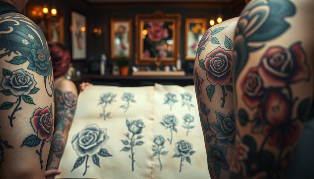 A striking arrangement of rose tattoos in various styles, illustrating their rich symbolism and cultural significance. In the foreground, focus on intricately designed tattoos featuring detailed linework, vibrant colors, and varying styles such as traditional, watercolor, and geometric. In the middle ground, showcase a collection of tattoo sketches on aged parchment, emphasizing the creativity and artistry behind each design. The background should be softly blurred, depicting an elegant tattoo studio with dim, warm lighting, contributing to a cozy and inviting atmosphere. Apply a shallow depth of field, highlighting the tattoos while maintaining an artistic feel. The overall mood is contemplative and sophisticated, reflecting the depth and meaning of rose tattoos for men.