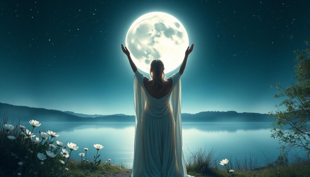 A stunning full moon glows brightly in a clear night sky, casting a silver light over a tranquil landscape. In the foreground, a serene figure—a beautiful Caucasian woman in a flowing, modest gown—stands with her arms raised towards the moon, embodying the essence of love magic and ritual. Surrounding her are soft, luminous flowers that reflect the moonlight, adding a touch of enchantment. In the middle ground, a calm lake mirrors the moon's radiant reflection, creating a seamless blend with the starry backdrop. The atmosphere is one of peaceful mystique, with a gentle breeze rustling the leaves of nearby trees. Soft, ethereal lighting bathes the scene, enhancing the magical feel, while a wide-angle perspective captures the grandeur of the moonlit night.