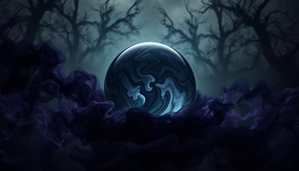 A swirling vortex of dark, smoky energy at the foreground, with ominous tendrils reaching outwards. In the middle ground, a transparent crystal ball reflects this negative energy, swirling with iridescent shades of deep violet, black, and hints of dark green. Shadows dance across the surface to suggest danger. The background features an ethereal forest shrouded in mist, with twisted, gnarled trees silhouetted against a dim and overcast sky, emitting a sense of foreboding. The lighting is moody and dim, with soft highlights accentuating the textures of the crystal ball and the swirling energy. The atmosphere is tense, evoking feelings of caution and awareness, making the viewer feel the weight of potential backfires and the importance of staying safe while practicing love spells.