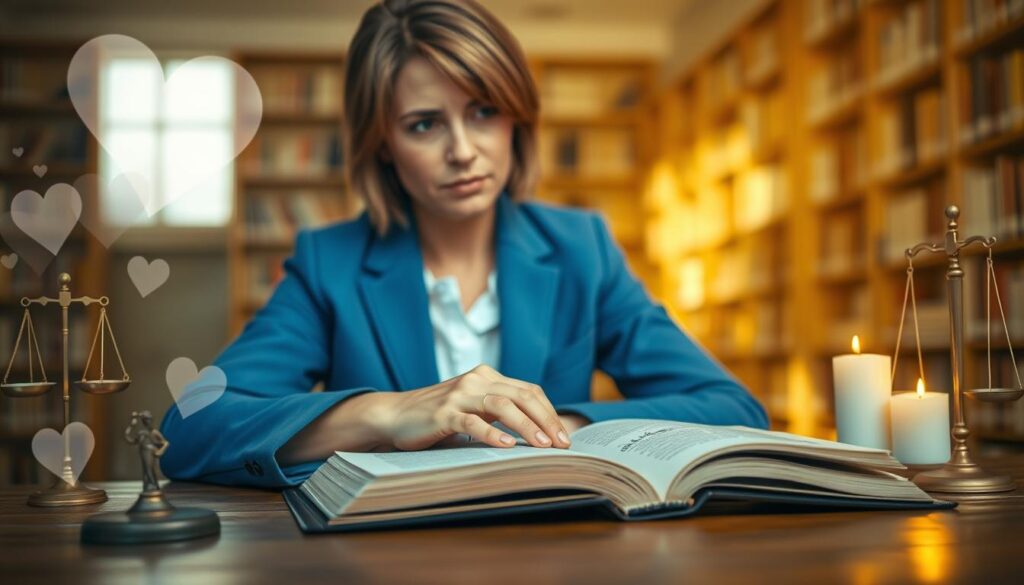 A thoughtful, contemplative person with light brown hair and wearing a professional blue blazer sits at a wooden desk, surrounded by symbols of love and ethics such as heart shapes, scales of justice, and candles emitting a warm glow. In the foreground, a close-up shows the person's hands gently resting on an open book titled "Ethics in Love." The middle ground features soft-focus elements like faint images of intertwined hearts and a subtle contrast of light and dark shadows representing love and control. The background is softly blurred, showcasing a serene library filled with shelves of books, bathed in golden, diffused sunlight. The overall mood is introspective and educational, inviting the viewer to ponder the fine line between love and control, with a harmonious blend of enlightenment and caution.