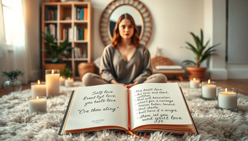 A tranquil and inviting scene set in a softly lit room, featuring a beautiful Caucasian woman sitting cross-legged on a plush rug, surrounded by candles and potted plants. The foreground includes a stylish journal open to a page filled with self-love affirmations written in elegant handwriting. A warm, golden light bathes the space, creating a serene atmosphere that evokes feelings of peace and introspection. In the middle ground, a decorative mirror reflects the woman's calm expression, highlighting her emotional readiness and belief in self-love. The background showcases a bookshelf filled with inspirational books, emphasizing a mindset focused on personal growth. The overall mood is uplifting and empowering, encouraging viewers to embrace the concept of self-love.