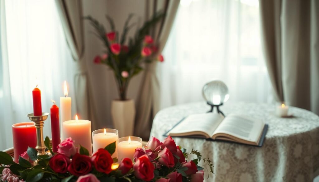 A tranquil indoor setting designed for a love ritual, showcasing a beautifully arranged altar in the foreground. The altar features a variety of romantic materials: red and pink candles, fresh roses, and a small bowl of herbs. Soft, flickering candlelight adds a warm glow to the scene, creating an intimate atmosphere. In the middle ground, a table is set with a delicate lace tablecloth, where a spell book lies open beside a crystal ball. The background shows a softly draped curtain filtering natural light, enhancing the serene ambiance. The overall mood is one of calm anticipation and sacred preparation, inviting viewers into the space of love and intention.