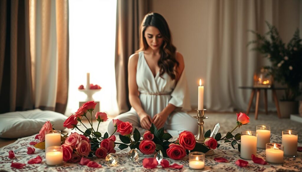 A tranquil indoor space adorned for love magic rituals. In the foreground, a beautifully arranged altar with delicate pink and red roses, flickering candles, and crystals reflecting soft, warm light. The middle ground features a serene person, a beautiful Caucasian woman dressed in a modest, flowing white gown, gracefully preparing the altar with intention, her expression focused yet peaceful. In the background, softly blurred curtains allow gentle sunlight to filter through, casting a warm glow across the room. The overall atmosphere is calm and inviting, evoking feelings of love and serenity, with a subtle hint of magical enchantment.